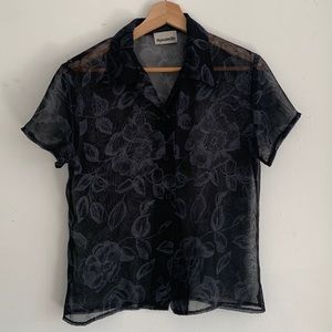 sheer dark blue and gray patterned button-up